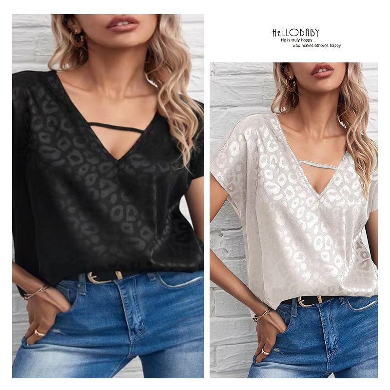 Spring Women's Clothing Color Ding V-neck Satin Top Loose Fitting Women's Clothing T-Shirts Women’s