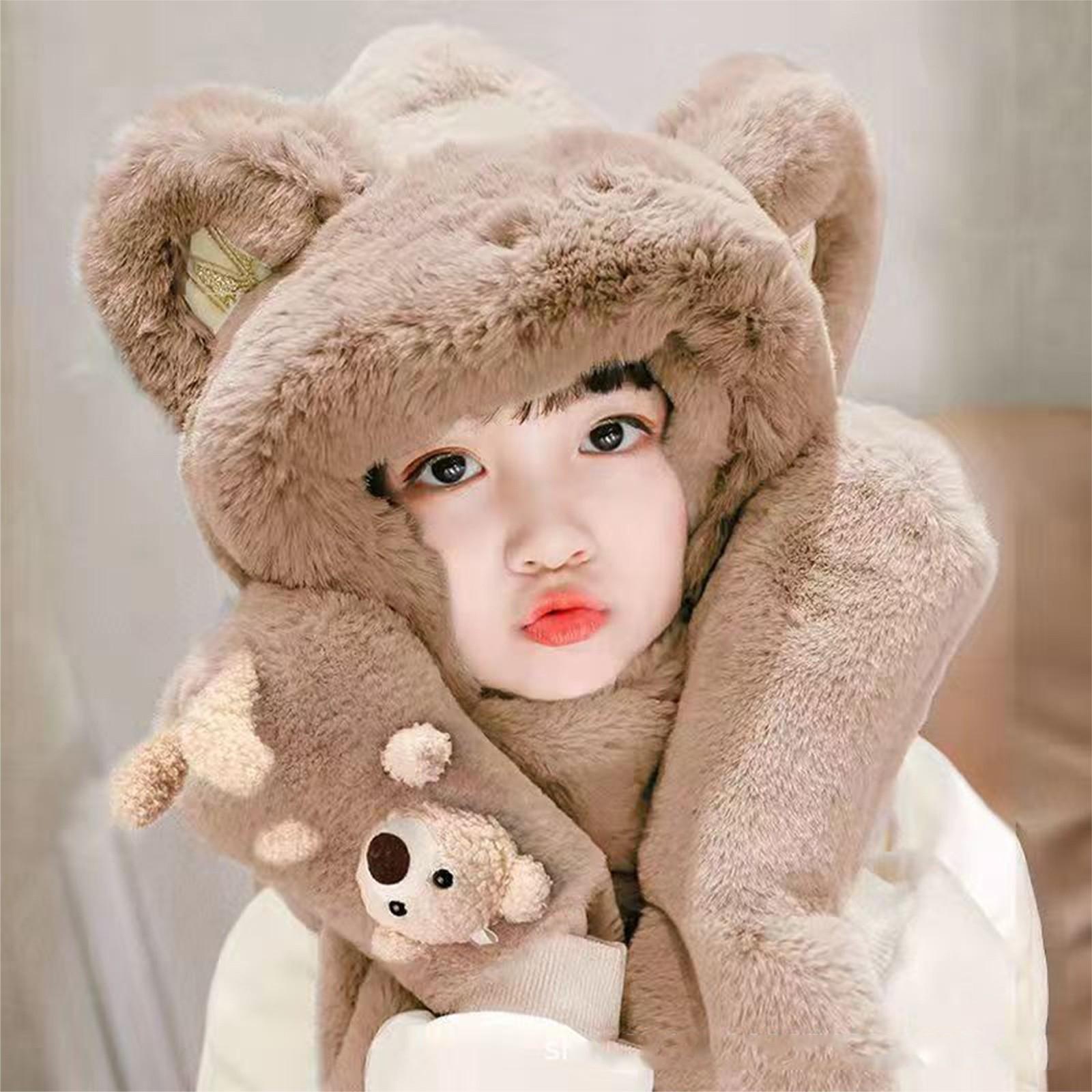 

Детский зимний милый медведь шарф шапка и перчатки один комплект из трех предметов One Size