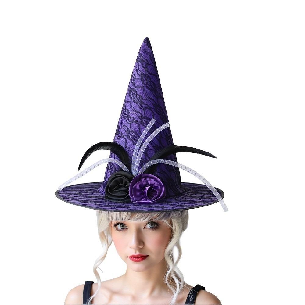 Foldable Flower Wizard Cap Rose Feather Halloween Cap Funny Halloween Witch Hat  Women