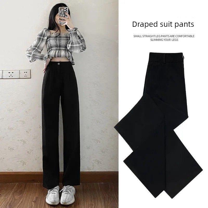 

Fashionable Wide-Leg Pants for Women, Summer Thin Drapey Straight-Leg Trousers, Petite Summer Long Pants, Black Suit Pants Black XS