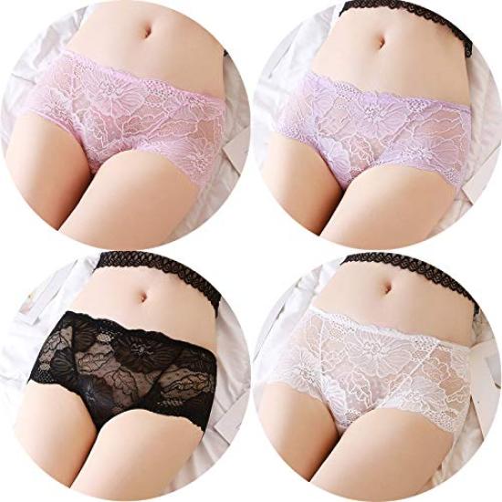 HINICE Lace Sexy Sheer Lace with Floral Set of 4 Women's Panties, Underwear, Print, (Pink, White, Black, Purple, XL)