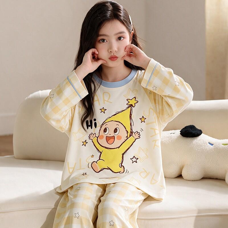 100% Cotton Girls Long Sleeve Pajamas Set Cartoon Print Round Neck Sleepwear Kids 8 Years