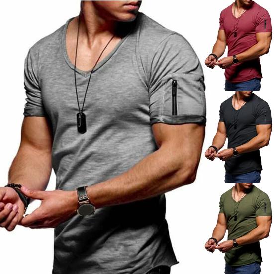 Buy Men Shirt V Neck Solid Color Short Sleeve Casual Summer T-shirt for ...