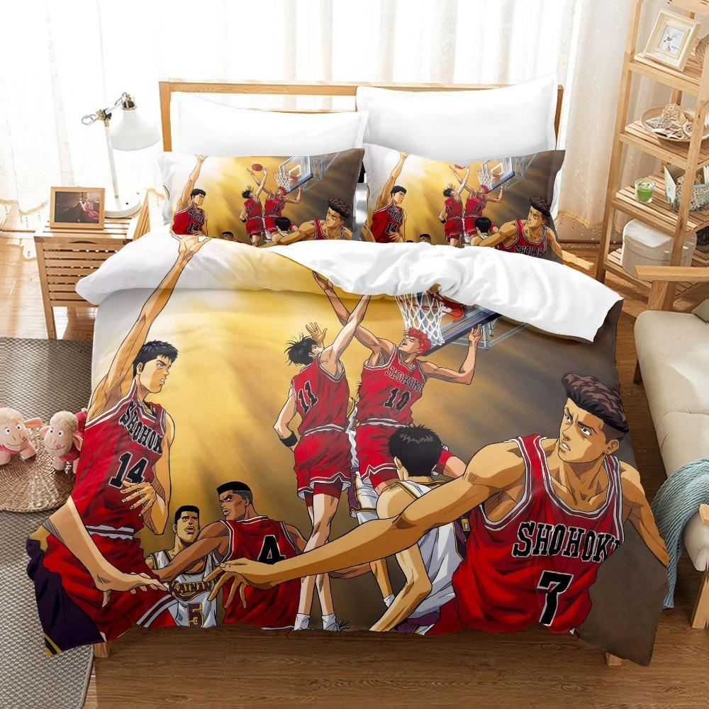 Anime Basketball Theme Microfibre Bedding Sets, Children's Bed Linen with Zip Room Decor Duvet Cover for Teenagers Adult 3-Piece