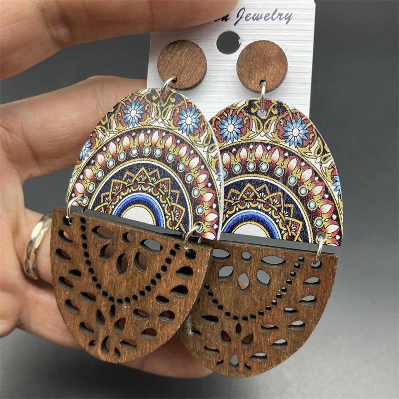 European Retro Wooden Long Print Earrings with Hollow Design