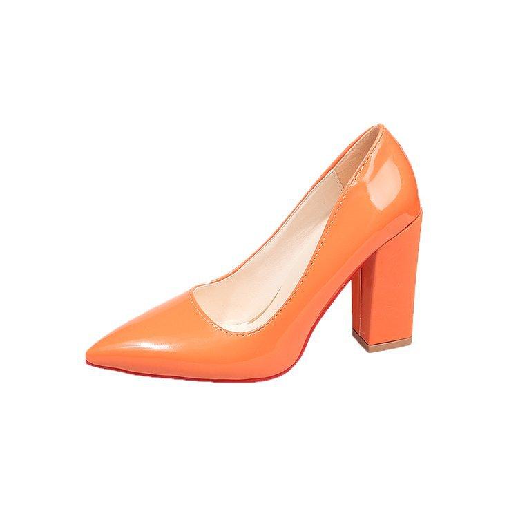 Glossy Patent Leather Versatile High Heels, Korean Style, All Seasons, Candy-colored Pointed Toe, Low-cut, Chunky Heel Women's Shoes