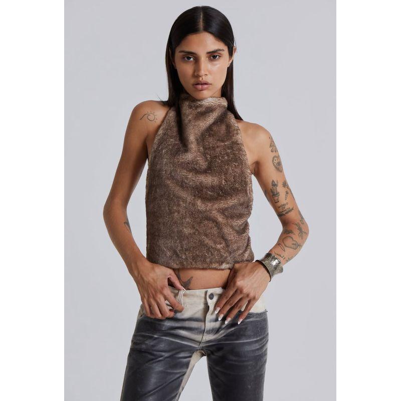 

Jaded London Без спины, с подвеской на шее, жилет из искусственного меха, стиль Millennium Gyaru, сексуальный топ-слинг с пряжкой на животе Camel color One size