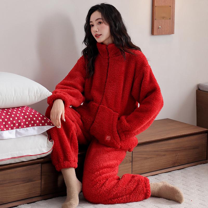 Pajamas Women'S Autumn And Winter Coral Fleece Thickened And Fleece Red Birth Year Flannel Winter Zipper Loungewear