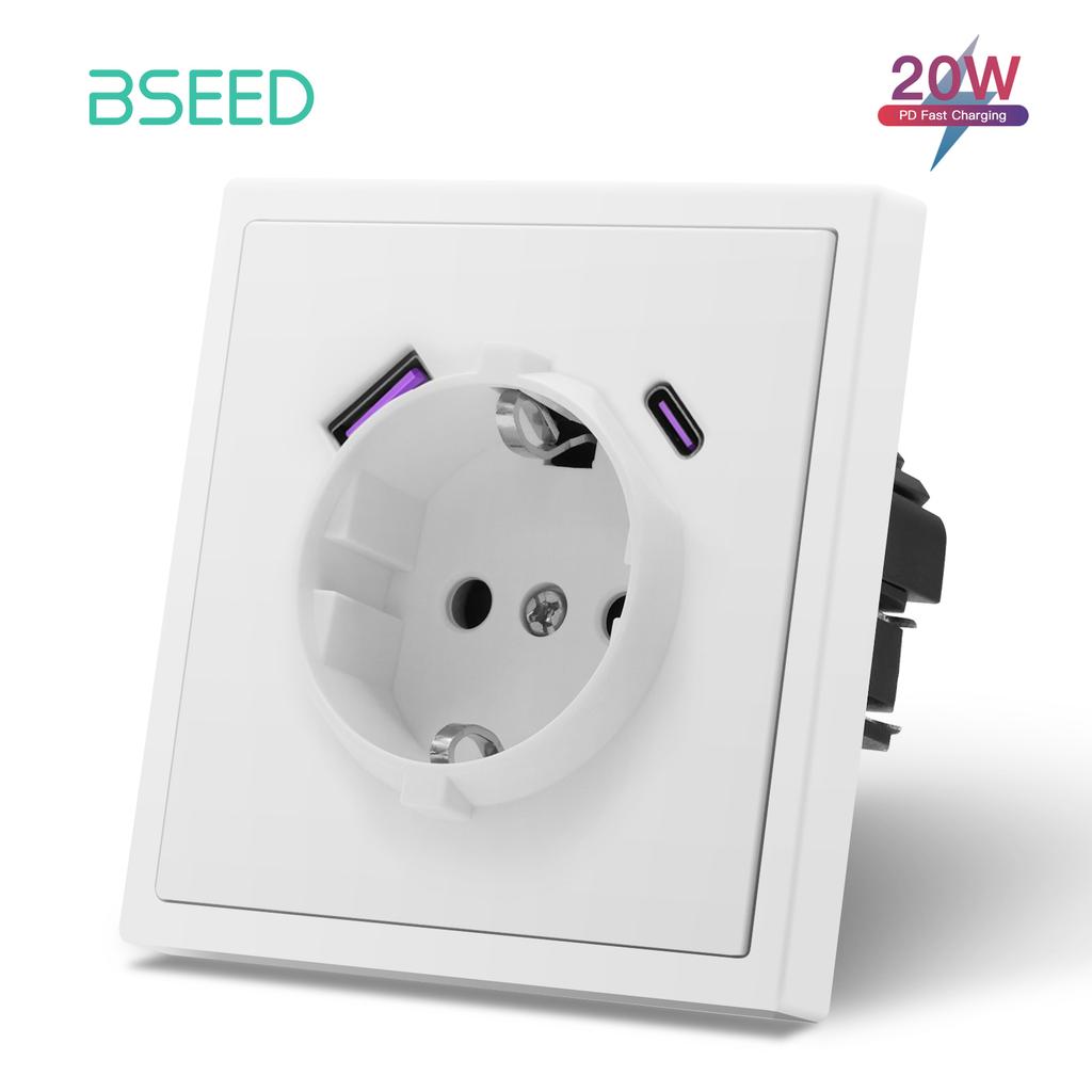 BSEED EU Large Button Wall Switches 1/2Gang 1Way Wall Power Sockets Dual USB Phone Charge Port 5V White Home E-Series