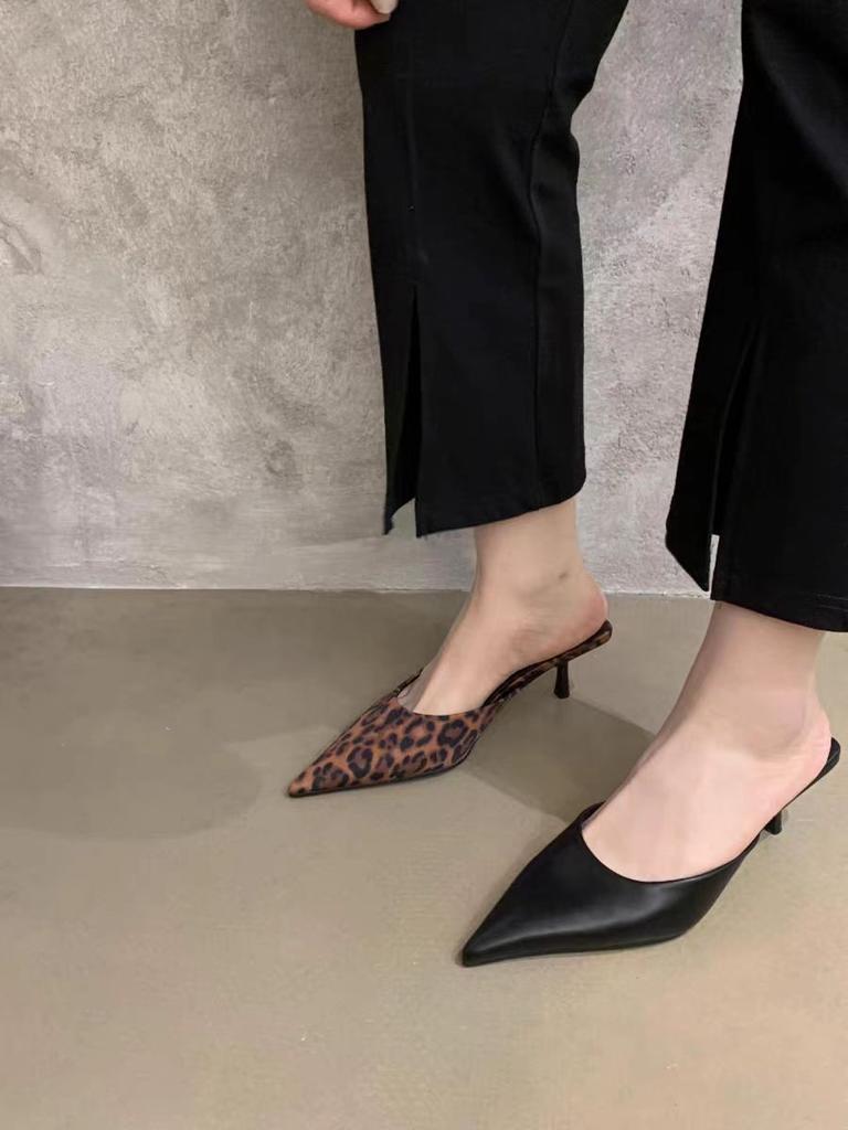 2025 Spring New Leopard Print High Heel Pumps Women Slipper Pointed Toe Thin Low Heel Sandal Ladies Mules Shoes Zapatos Mujer