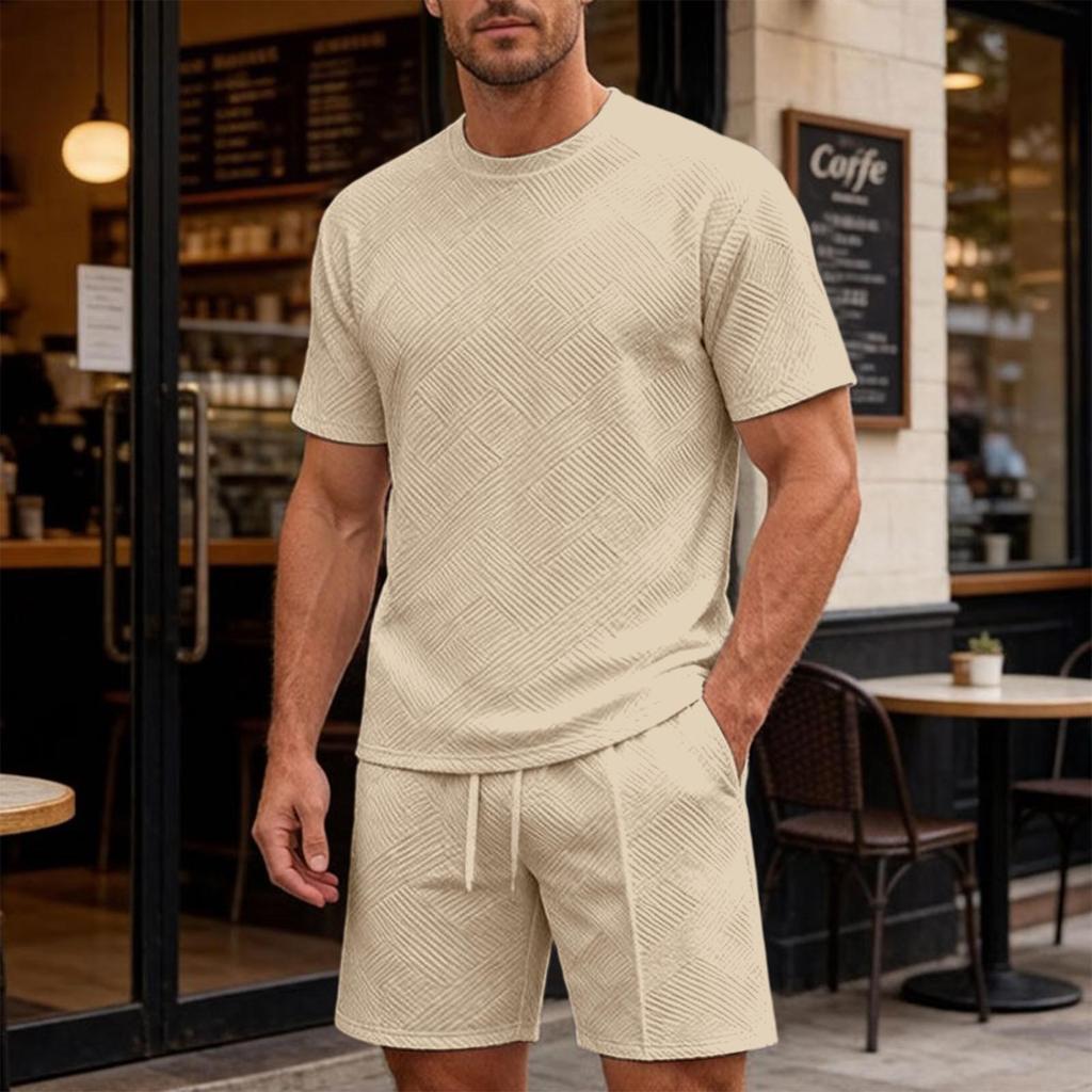 Men's Summer Crew Neck T-Shirt and Shorts Set Two-Piece Casual Sportswear Lightweight Breathable Fabric Suitable for Outdoor Activities