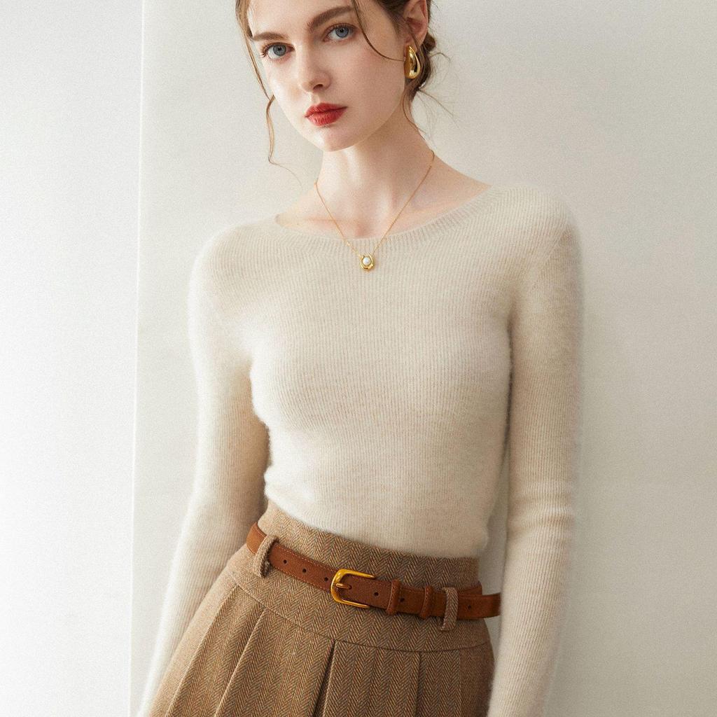 Elegant Women's Round Neck 100% Cashmere Slim Fit Sweater Dress