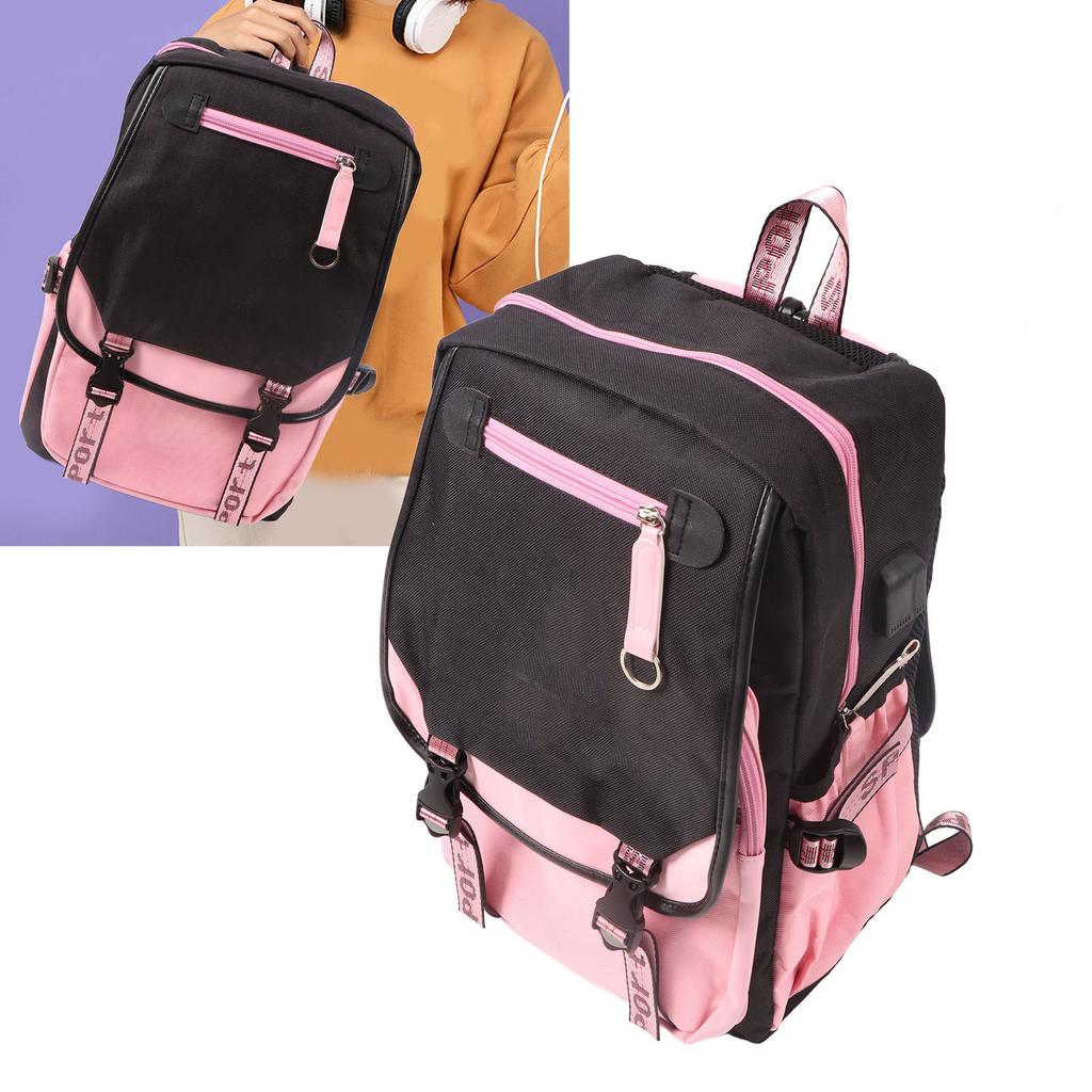 Travel Backpack with USB Charging Port and Headphone Hole Casual Double Shoulder Bag Black Pink