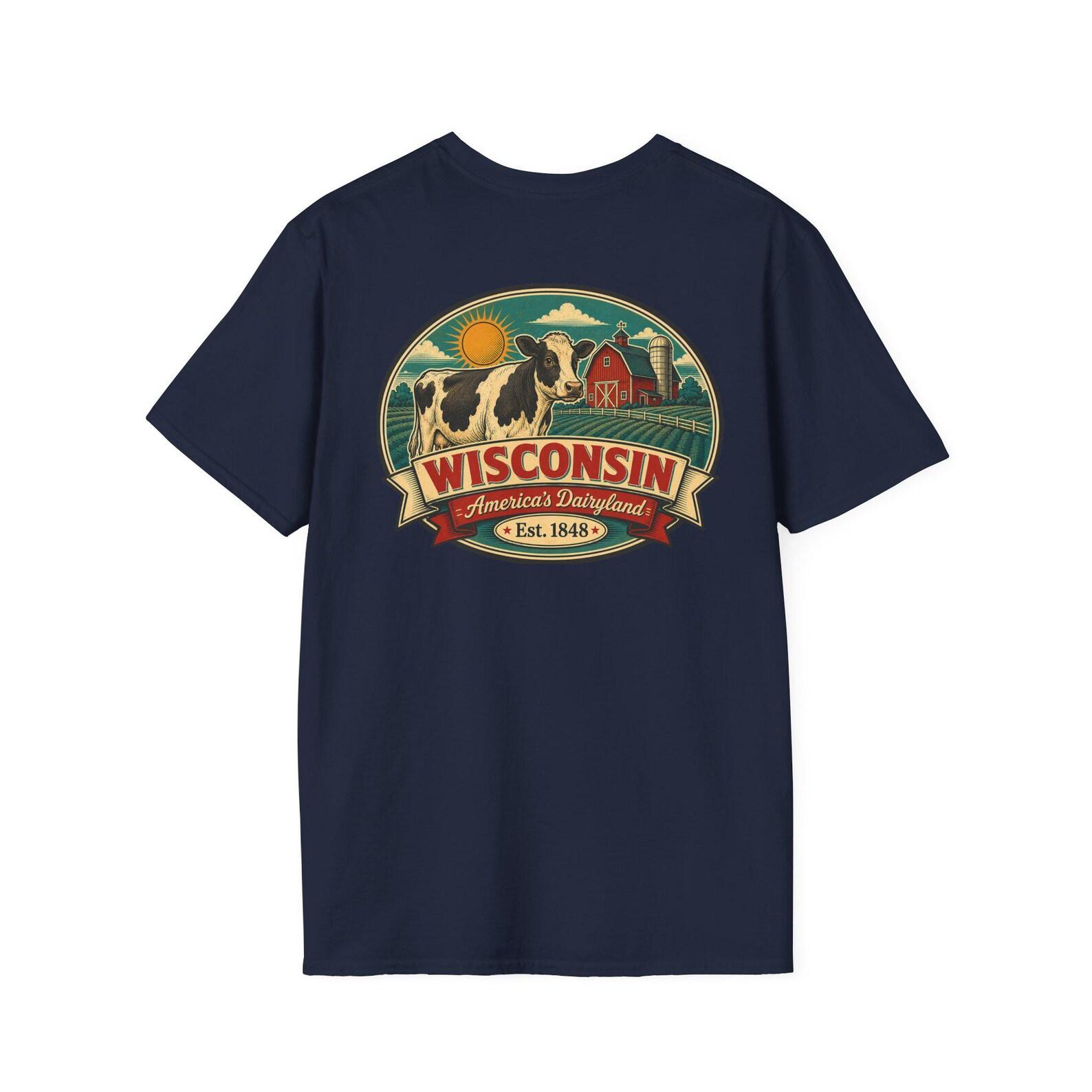 Wisconsin Dairy Farm T-Shirt | Vintage Mid-Century Travel Luggage Tag Tee | Americas Dairyland Souvenir | WI Gift 3XL