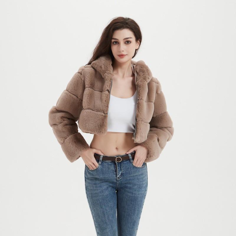2026 Fall Winter Faux Fur Jacket Women Short Hooded Patchwork Coat Streetwear