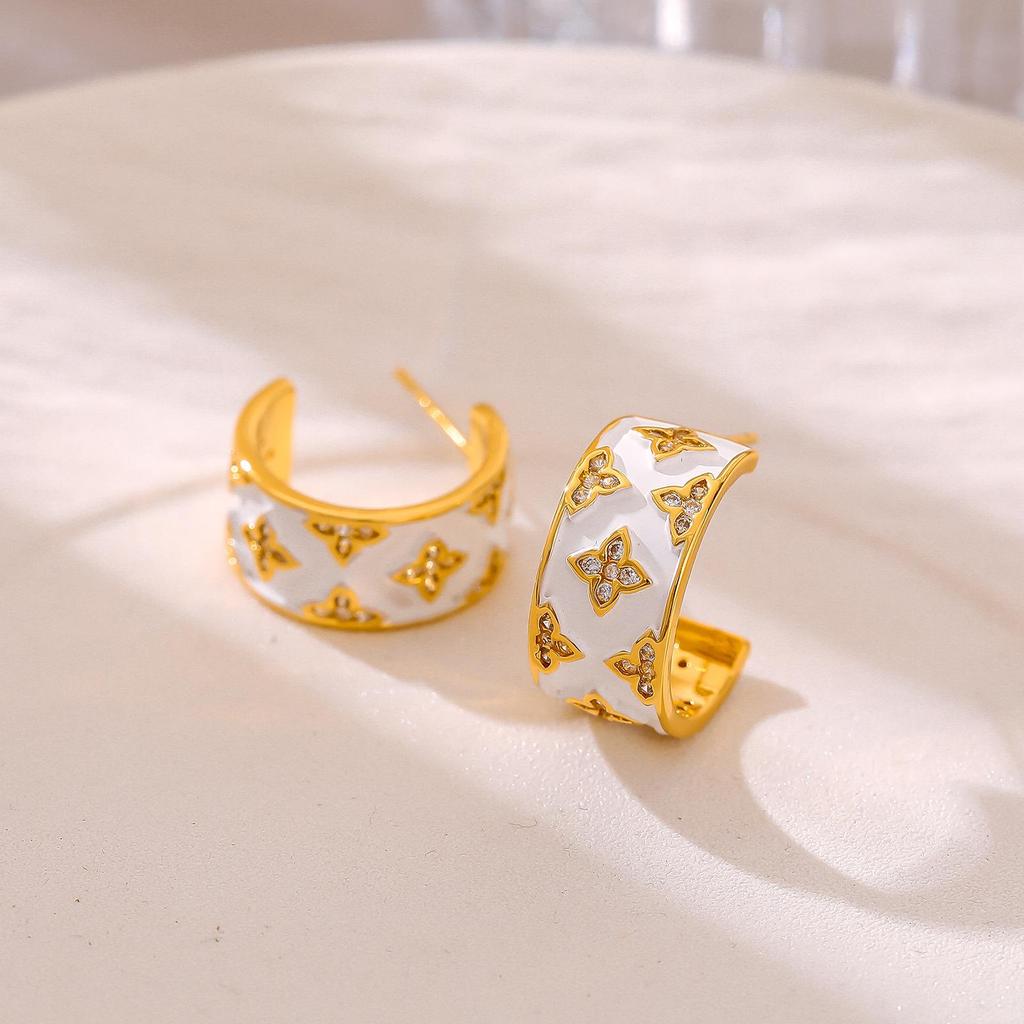 Elegant Four-Leaf Clover Zircon-Encrusted Hoop Earrings - Luxury Vintage European & American Design