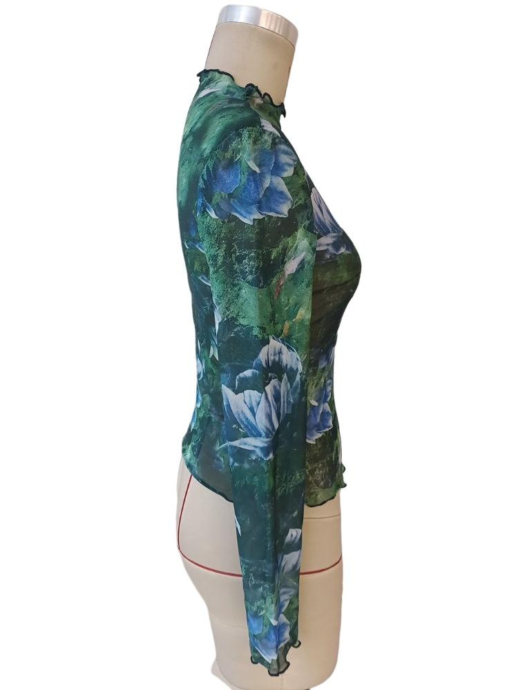 Spring and Summer Elegant Flower Fashion Floral Print Small Stand-up Collar Mesh Wooden Ear Rim Women's Tops Versatile Closet Essential Fashion Shirt