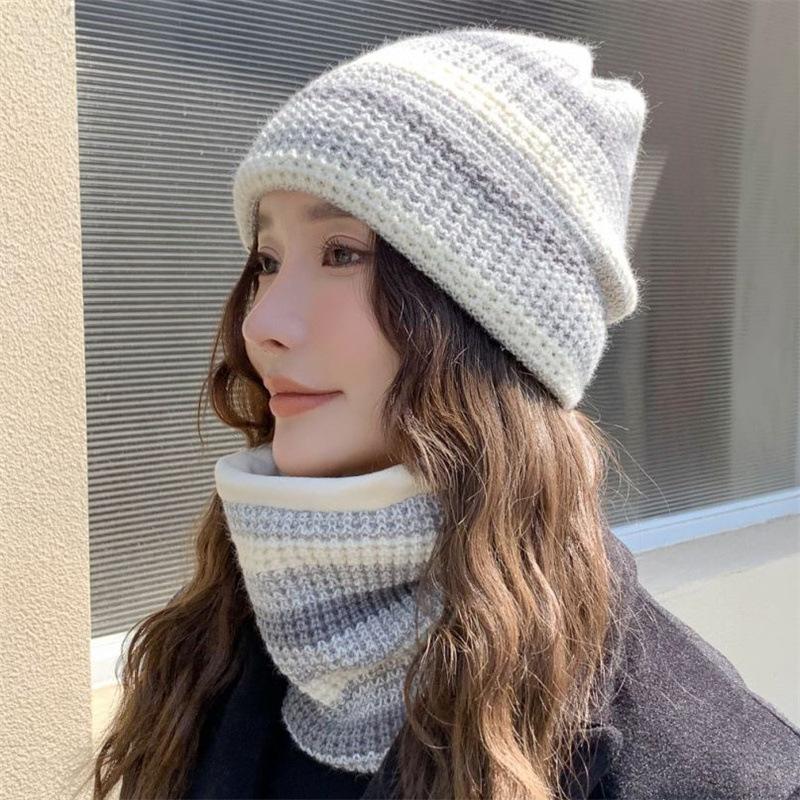 Hat Women's Winter Warm Hat Color Matching Knitted Wool Hat Thickened Scarf Set Outdoor Sports Hat