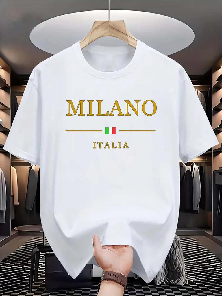 2025 Men's Summer 100 Cotton Fashion Casual Loose MILANO ITALIA Pattern Printed Sports Crew Neck Short Sleeve T-Shirt