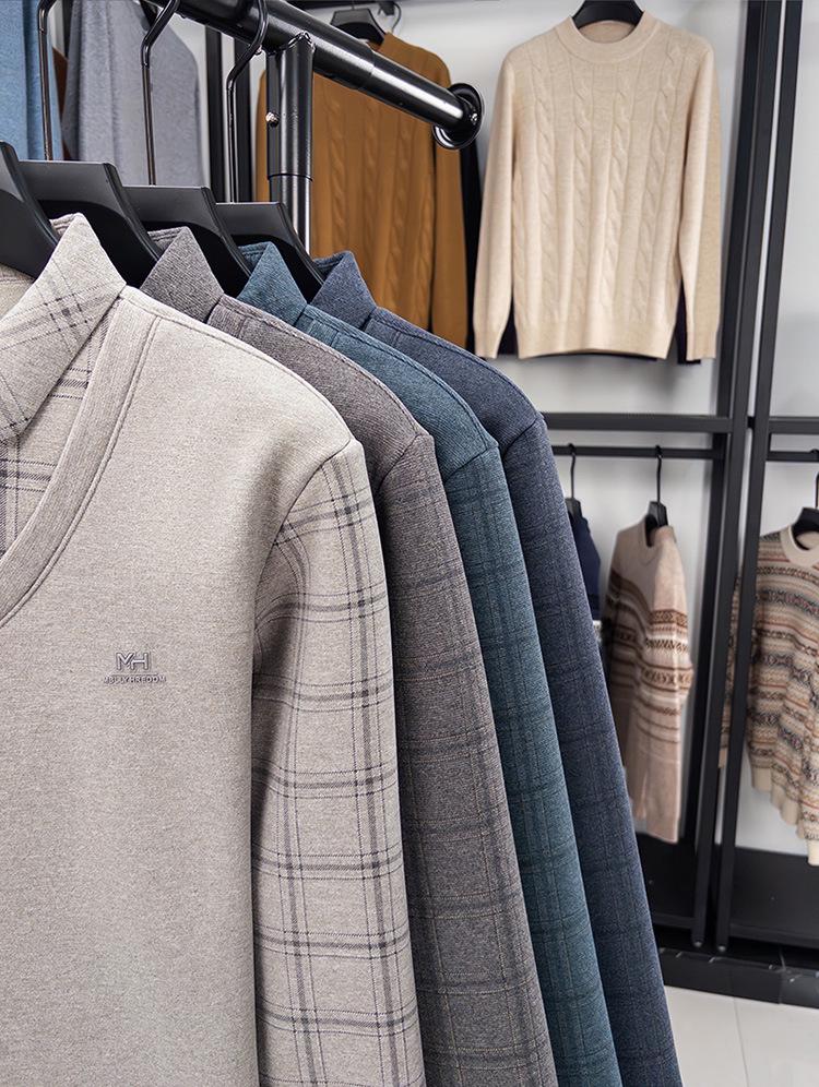 Men's Wool & Silk Two-Piece Look Sweater, Turn-Down Collar, Plus Velvet Lining, Warm Knitted Winter Wear for Dad