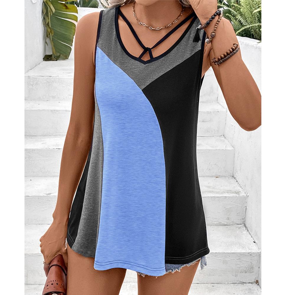 

Футболки без рукавов, контрастные цветные пэчворк, сексуальный жилет, цветная футболка, топ для женщин XXL синий