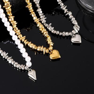 Love Heart Charm Irregular Shape Beaded Neck Chains Choker Necklace Trendy Chunky Short Collar Necklace Statement  Women
