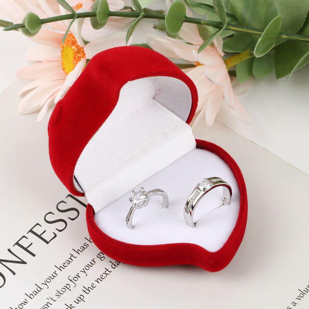 Heart Shape Exquisite Ring Display Box Red Rose Double Ring Storage Box Velvet Jewelry Box