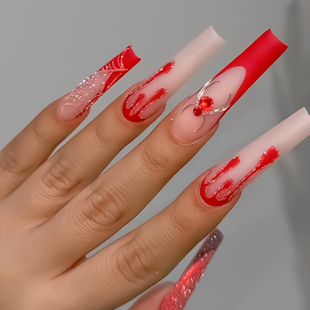 24PCS Halloween Fake Nails with Flash Glitter Resin Material Zero Pressure On Nail Bed for Stage Performance Wear
