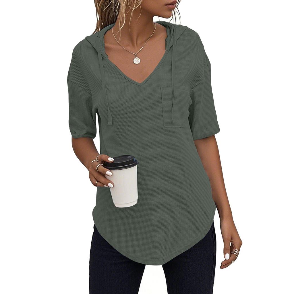 Women's Fashion Summer V-Neck T Shirt Drawstring Hooded Solid Color Short Sleeve Top