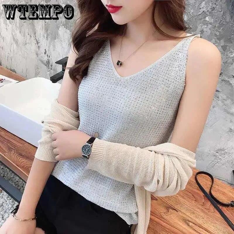 Summer Women's Ice Silk Diamond Camisole Loose Sleeveless V-neck Bottoming Shirt Tank Crop Tops