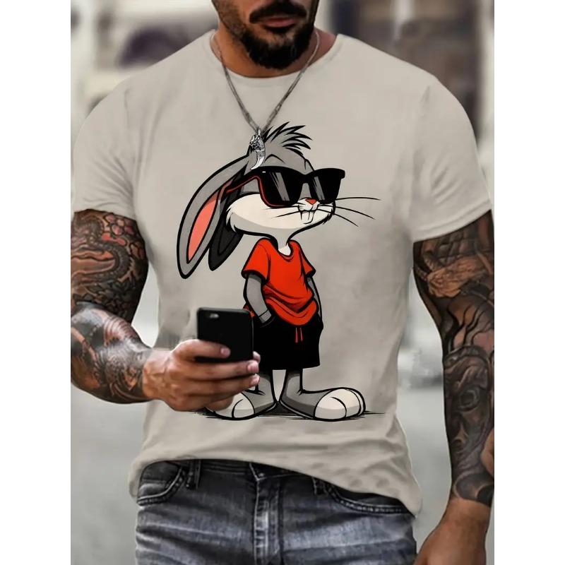 Neues Brillen tragendes Cartoon-Kaninchen Herren-T-Shirt Mode Tier- und Cartoon-Print-Design Rundhals Lässig Sport Herrenbekleidung