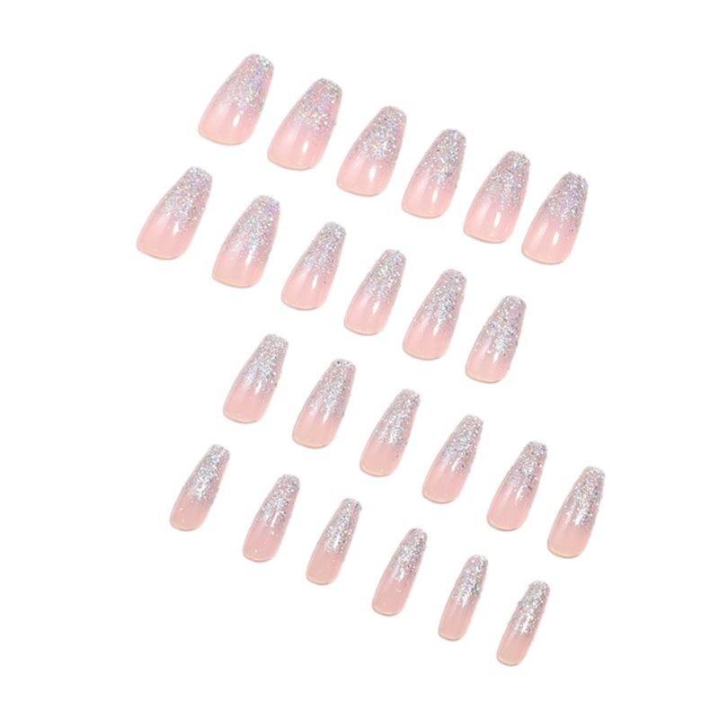 24Pcs Glossy Ballet Press On Nail with Glitters French Tips Full Cover Artificial Nail Manicure Decoration for Women