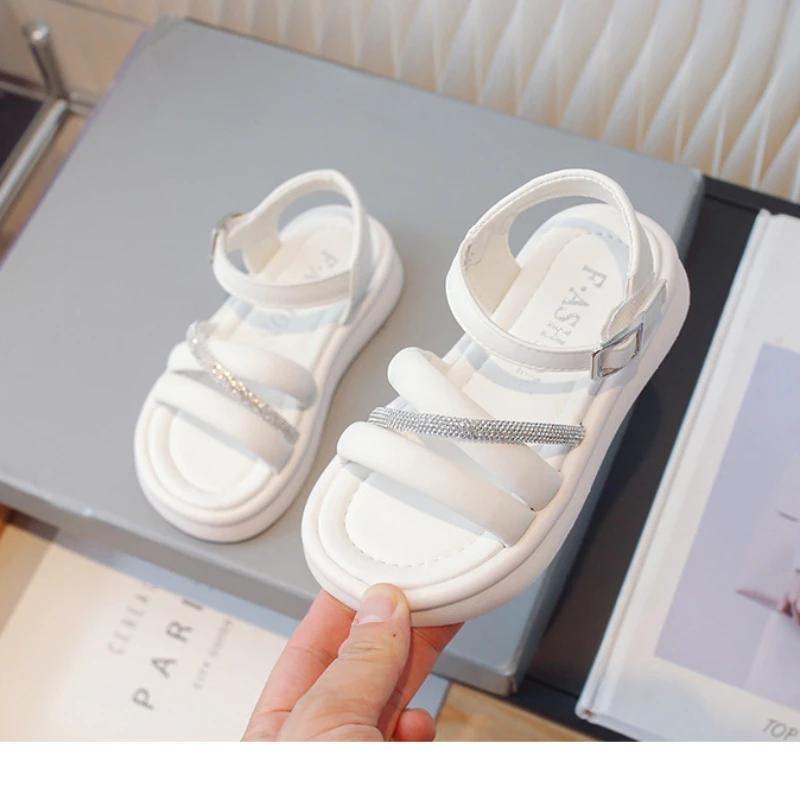 

Girls Sandals 2024 Summer New Children s Princess Beach Shoes Big Kids Water Diamond School Flats 26 Insole 16.3cm бежевий