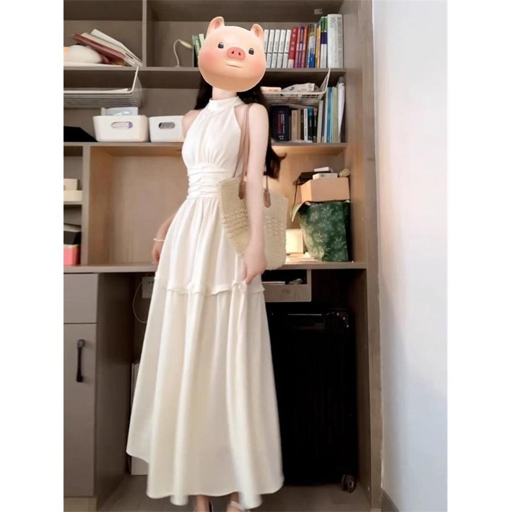 French new high-end neck dress women's summer design sleeveless pleated waist thin temperament long dress