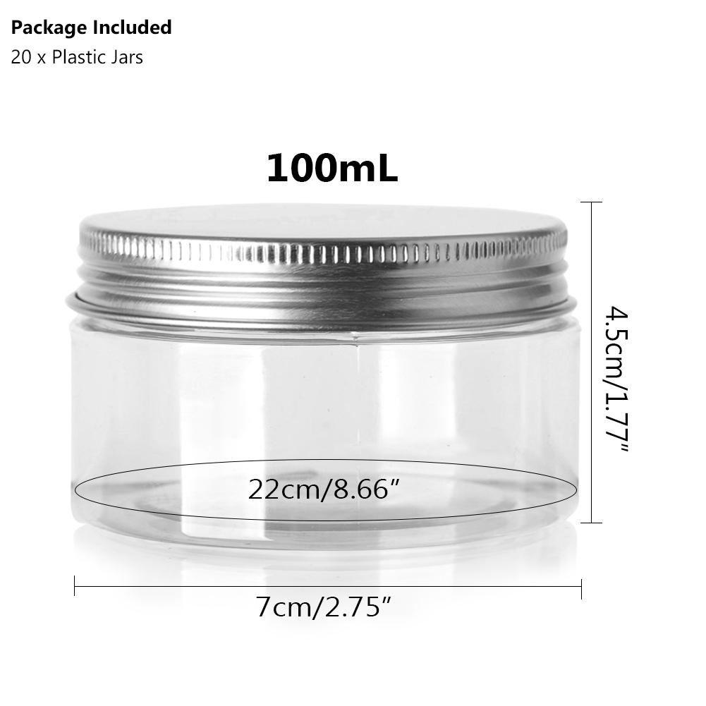 20x Butelka na kosmetyki do makijażu Małe pojemniki na żywność Aluminiowe słoiki Plastikowe pojemniki na garnki Przyprawy Domowe przezroczyste zioła Słodycze 30 ml-150 ml Przechowywanie kawy z pokrywkami