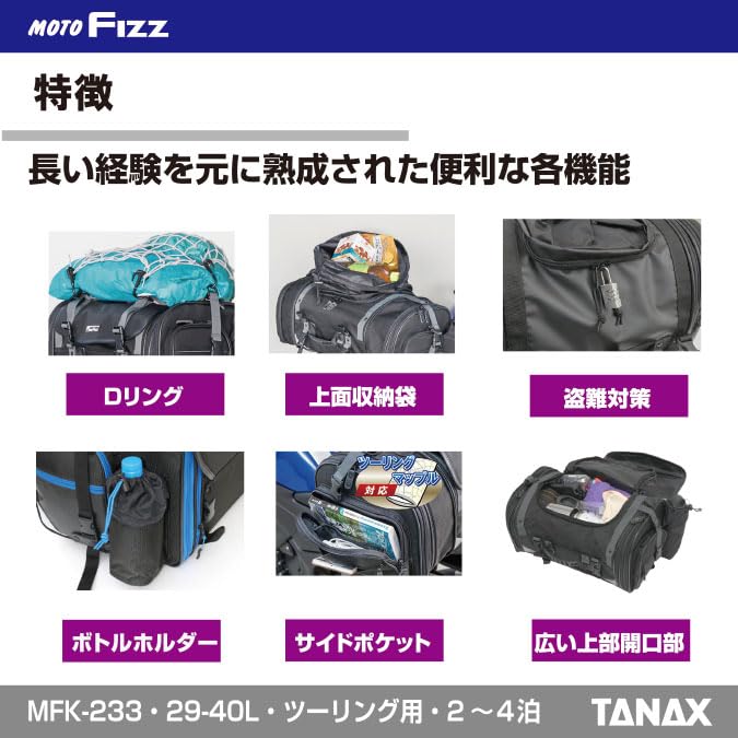 TANAX MOTOFIZZ Middle Field Seat Bag Black Motorcycle Seat Bag 4 Fixed Belts Shoulder Belt and Rain Cover Included Low Style Shape MFK-233 29L-40L