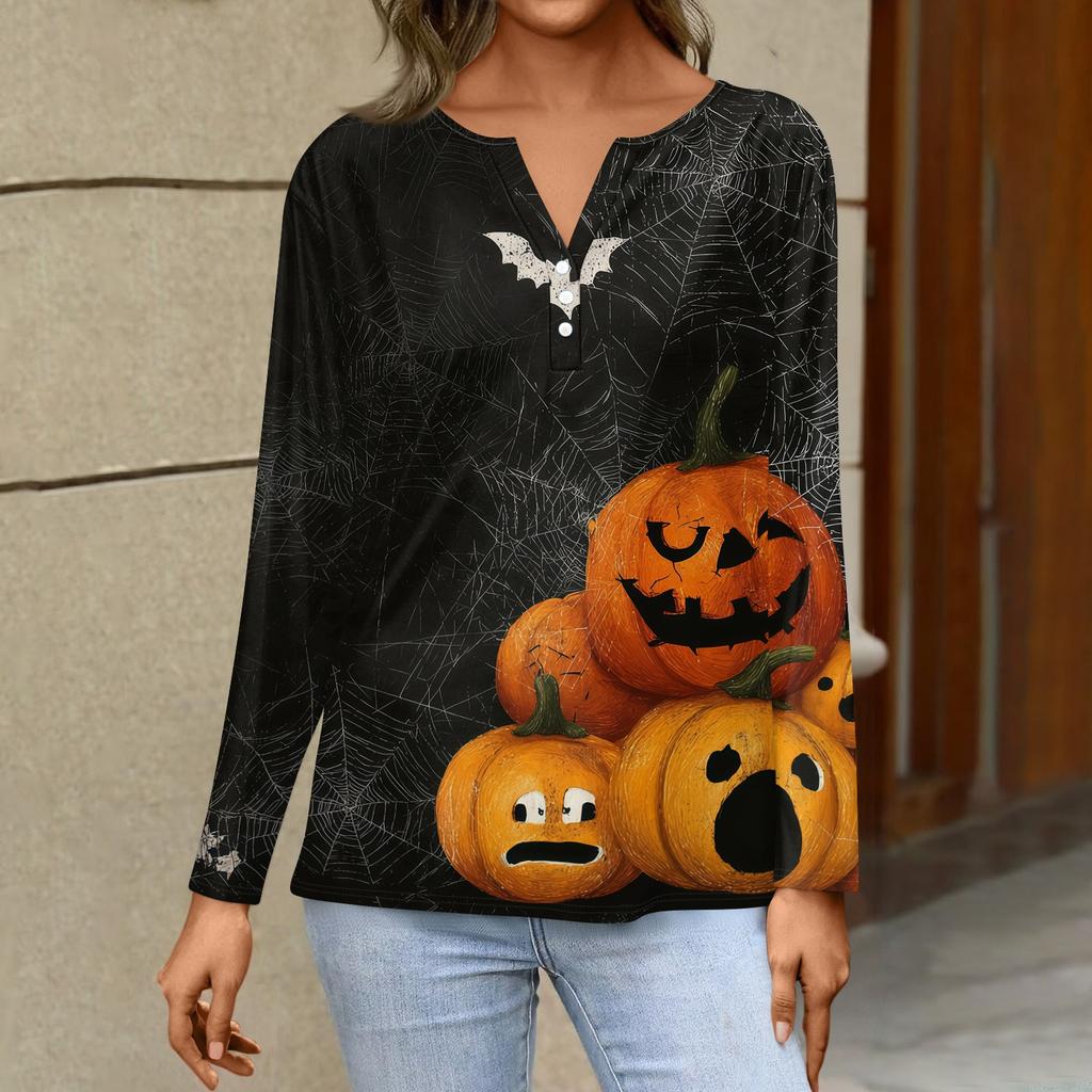 Women's Casual Long Sleeve T-Shirt with Halloween Print V-Neck Button for Parties