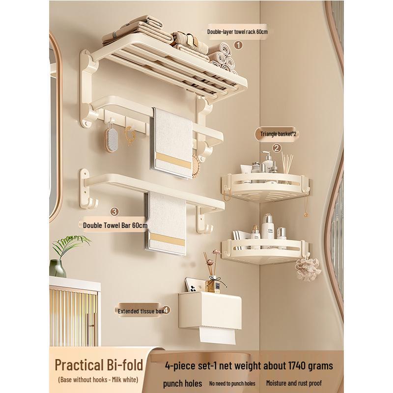 Milk White Punch-Free Wall-Mounted Aluminum Towel Rack Set for Bathrooms
