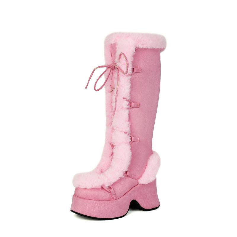 Women's Lavender Platform Knee-High Boots | Fuzzy Accent, Sweet & Edgy Essential Fashion Footwear