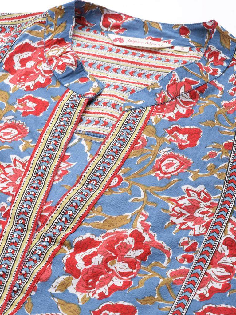 Turquoise Print Mandarin Collar Empire Pure Cotton Longline Top