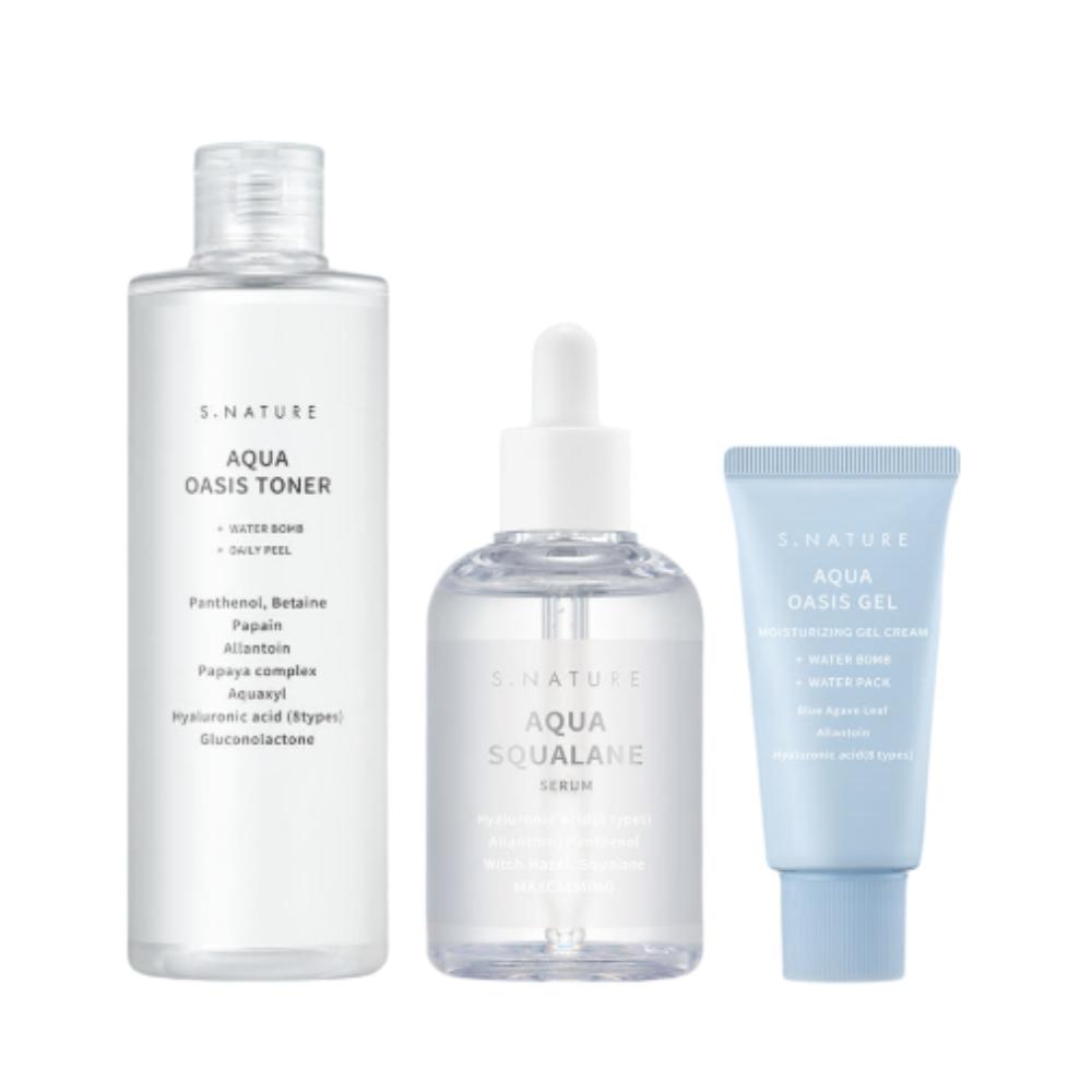 S-NATURE Aqua Oasis Toner 300ml + Aqua Squalane Serum 100ml + Oasis Gel Cream 30ml 3-Piece Set Deep Hydration & Cooling Soothing Routine