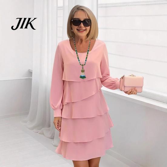 Einfarbiges Kleid Lagenlook Chiffon für Damen Langarm Rundhalsausschnitt Alltagskleidung Rüsche Stufenförmig Fließend Lässig Hochzeitsgast