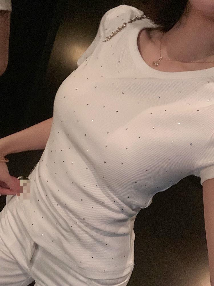 [Imitation Cotton] Hot Diamond White Front Shoulder Short Sleeve T-Shirt Women's Slim Bottom Top American