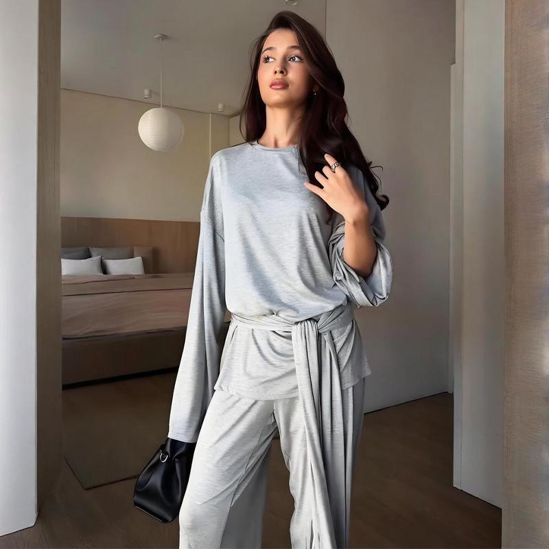 Damen Einfarbiges Langarm-Oberteil zum Binden und Taschen-Geradebein-Hosen-Set