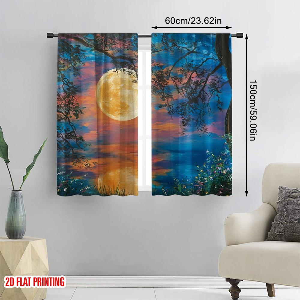 2pcs,2D Plane Printing Contemporary Curtains Moonlit Canvas Polyester (without Rod) Festive Use for Kitchen Living Room Office