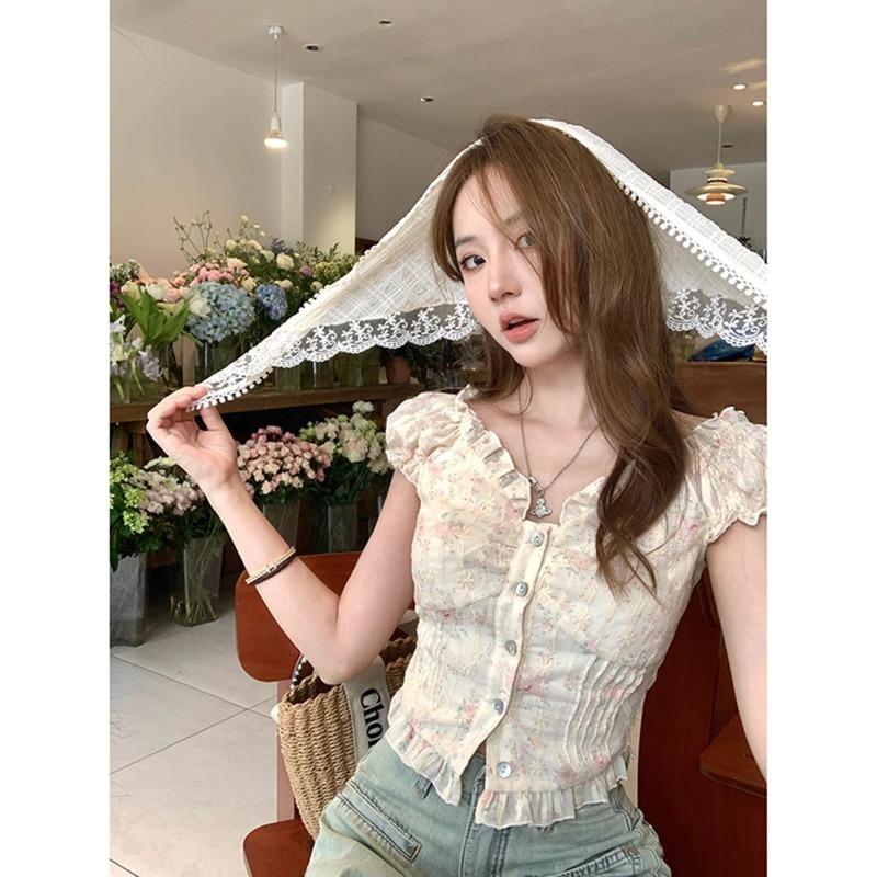 Japanese Kawaii Y2k Crop Tops Women Sweet Lace Design Print Short Sleeve T-shirt Summer French Fashion Evening Party Chic