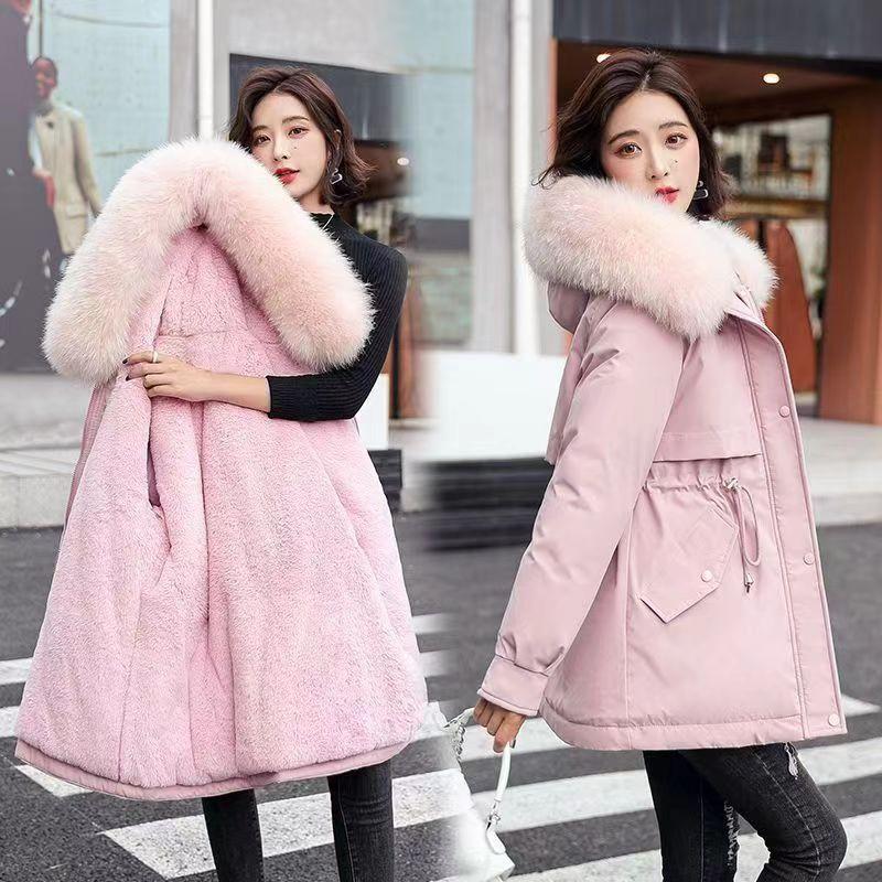 Womens Mid-Length Parka Winter Hooded Puffer Coat With Fur Trim Slim Fit Warm Outerwear
