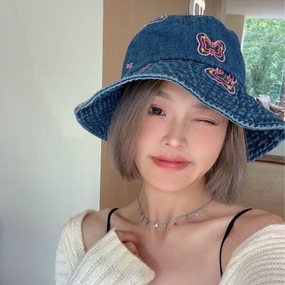 Fashion Butterfly Embroidery Fisherman Hat for Women Blue Denim Wide Brim Sunshade Dome Bucket Hat Girls Ladies Outdoor Hat