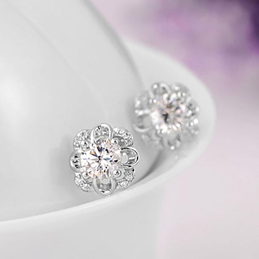 Womens Korean Fashion Elegant 925 Silver Plated Vintage Mini Simple Anti-allergy Zircon Crystal Hollow Out Flower Ear Studs Earrings Jewelry Love Gift