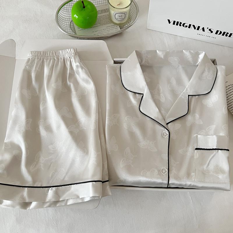 Butterfly Jacquard Wind Ice Silk Solid Color Simple Pajamas Women'S Summer Luxury Short-Sleeved Suit